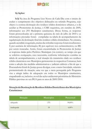 114
b) Ações:
b.1) Na área do Programa Lixo Nosso de Cada Dia: com o intuito de
avaliar o cumprimento dos objetivos delineados no referido Programa, cujo
objeto é a correta destinação dos resíduos sólidos domésticos urbanos, e o de
auxiliar as Promotorias de Justiça, o CME requisitou, em outubro de 2009,
informações aos 293 Municípios catarinenses. Dessa forma, as respostas
foram protocolizadas até a primeira quinzena do mês de julho de 2010 e as
informações prestadas foram compiladas na tabela de acompanhamento da
regularização da destinação final dos resíduos sólidos domiciliares. No entanto,
quando atendida à requisição, muitas das referidas respostas foram insuficientes:
I) por ausência de informação; II) por equívoco nos esclarecimentos; ou III)
por serem truncadas. Assim, foram encaminhadas às Promotorias de Justiça
as respostas dadas pelos Prefeitos Municipais (via correio), ao tempo em que
se solicitou averiguação, caso necessário, conforme informações contidas na
tabela de acompanhamento, a real situação do tratamento dado aos resíduos
sólidos domésticos nos Municípios pertencentes às respectivas Comarcas, bem
como a adoção das medidas administrativas e judiciais cabíveis a fim de que a
Procuradoria-Geral de Justiça possa divulgar, com a maior brevidade, relatório
pormenorizado da situação, uma vez que a meta perseguida pelo Programa
visa a atingir índice de adequação em todos os Municípios catarinenses,
enquadrando-se, inclusive, no rol das ações ambientais prioritárias do Ministério
Público previstas no seu PGA para os anos de 2009/2010.
SituaçãodaDestinaçãodeResíduosSólidosDomiciliaresdosMunicípios
Catarinenses
Situação Municípios Percentual
adequada 275 94,00%
inadequada 18 6,00%
 