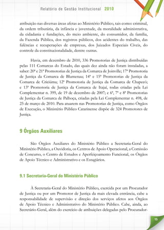 15
atribuição nas diversas áreas afetas ao Ministério Público, tais como: criminal,
da ordem tributária, da infância e juventude, da moralidade administrativa,
da cidadania e fundações, do meio ambiente, do consumidor, da família,
da Fazenda Pública, dos registros públicos, dos acidentes do trabalho, das
falências e recuperações de empresas, dos Juizados Especiais Cíveis, do
controle da constitucionalidade, dentre outras.
Havia, em dezembro de 2010, 336 Promotorias de Justiça distribuídas
pelas 111 Comarcas do Estado, das quais dez ainda não foram instaladas, a
saber: 20ª e 21ª Promotorias de Justiça da Comarca de Joinville; 17ª Promotoria
de Justiça da Comarca de Blumenau; 14ª e 15ª Promotorias de Justiça da
Comarca de Criciúma; 12ª Promotoria de Justiça da Comarca de Chapecó;
e 13ª Promotoria de Justiça da Comarca de Itajaí, todas criadas pela Lei
Complementar n. 399, de 19 de dezembro de 2007; e 6ª, 7ª e 8ª Promotorias
de Justiça da Comarca de Palhoça, criadas pela Lei Complementar n. 498, de
25 de março de 2010. Para atuarem nas Promotorias de Justiça, como Órgãos
de Execução, o Ministério Público Catarinense dispõe de 324 Promotores de
Justiça.
9 Órgãos Auxiliares
São Órgãos Auxiliares do Ministério Público a Secretaria-Geral do
Ministério Público, a Ouvidoria, os Centros de Apoio Operacional, a Comissão
de Concurso, o Centro de Estudos e Aperfeiçoamento Funcional, os Órgãos
de Apoio Técnico e Administrativo e os Estagiários.
9.1 Secretaria-Geral do Ministério Público
À Secretaria-Geral do Ministério Público, exercida por um Procurador
de Justiça ou por um Promotor de Justiça da mais elevada entrância, cabe a
responsabilidade de supervisão e direção dos serviços afetos aos Órgãos
de Apoio Técnico e Administrativo do Ministério Público. Cabe, ainda, ao
Secretário-Geral, além do exercício de atribuições delegadas pelo Procurador-
 