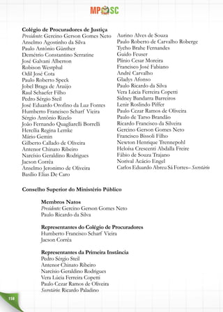 158
Conselho Superior do Ministério Público
	 Membros Natos
	 Presidente: Gercino Gerson Gomes Neto
	 Paulo Ricardo da Silva
	 Representantes do Colégio de Procuradores
	 Humberto Francisco Scharf Vieira
	 Jacson Corrêa
	
	 Representantes da Primeira Instância
	 Pedro Sérgio Steil
	 Antenor Chinato Ribeiro
	 Narcísio Geraldino Rodrigues
	 Vera Lúcia Ferreira Copetti
	 Paulo Cezar Ramos de Oliveira
	 Secretário: Ricardo Paladino
Colégio de Procuradores de Justiça
Presidente: Gercino Gerson Gomes Neto
Anselmo Agostinho da Silva
Paulo Antônio Günther
Demétrio Constantino Serratine
José Galvani Alberton
Robison Westphal
Odil José Cota
Paulo Roberto Speck
Jobel Braga de Araújo
Raul Schaefer Filho
Pedro Sérgio Steil
José Eduardo Orofino da Luz Fontes
Humberto Francisco Scharf Vieira
Sérgio Antônio Rizelo
João Fernando Quagliarelli Borrelli
Hercília Regina Lemke
Mário Gemin
Gilberto Callado de Oliveira
Antenor Chinato Ribeiro
Narcísio Geraldino Rodrigues
Jacson Corrêa
Anselmo Jeronimo de Oliveira
Basílio Elias De Caro
Aurino Alves de Souza
Paulo Roberto de Carvalho Roberge
Tycho Brahe Fernandes
Guido Feuser
Plínio Cesar Moreira
Francisco José Fabiano
André Carvalho
Gladys Afonso
Paulo Ricardo da Silva
Vera Lúcia Ferreira Copetti
Sidney Bandarra Barreiros
Lenir Roslindo Piffer
Paulo Cezar Ramos de Oliveira
Paulo de Tarso Brandão
Ricardo Francisco da Silveira
Gercino Gerson Gomes Neto
Francisco Bissoli Filho
Newton Henrique Trennepohl
Heloísa Crescenti Abdalla Freire
Fábio de Souza Trajano
Norival Acácio Engel
Carlos Eduardo Abreu Sá Fortes–Secretário
 