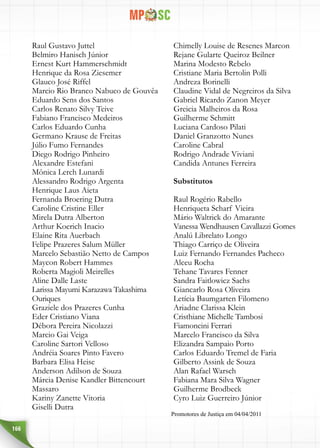 166
Raul Gustavo Juttel
Belmiro Hanisch Júnior
Ernest Kurt Hammerschmidt
Henrique da Rosa Ziesemer
Glauco José Riffel
Marcio Rio Branco Nabuco de Gouvêa
Eduardo Sens dos Santos
Carlos Renato Silvy Teive
Fabiano Francisco Medeiros
Carlos Eduardo Cunha
Germano Krause de Freitas
Júlio Fumo Fernandes
Diego Rodrigo Pinheiro
Alexandre Estefani
Mônica Lerch Lunardi
Alessandro Rodrigo Argenta
Henrique Laus Aieta
Fernanda Broering Dutra
Caroline Cristine Eller
Mirela Dutra Alberton
Arthur Koerich Inacio
Elaine Rita Auerbach
Felipe Prazeres Salum Müller
Marcelo Sebastião Netto de Campos
Maycon Robert Hammes
Roberta Magioli Meirelles
Aline Dalle Laste
Larissa Mayumi Karazawa Takashima
Ouriques
Graziele dos Prazeres Cunha
Eder Cristiano Viana
Débora Pereira Nicolazzi
Marcio Gai Veiga
Caroline Sartori Velloso
Andréia Soares Pinto Favero
Barbara Elisa Heise
Anderson Adilson de Souza
Márcia Denise Kandler Bittencourt
Massaro
Kariny Zanette Vitoria
Giselli Dutra
Chimelly Louise de Resenes Marcon
Rejane Gularte Queiroz Beilner
Marina Modesto Rebelo
Cristiane Maria Bertolin Polli
Andreza Borinelli
Claudine Vidal de Negreiros da Silva
Gabriel Ricardo Zanon Meyer
Greicia Malheiros da Rosa
Guilherme Schmitt
Luciana Cardoso Pilati
Daniel Granzotto Nunes
Caroline Cabral
Rodrigo Andrade Viviani
Candida Antunes Ferreira
Substitutos
Raul Rogério Rabello
Henriqueta Scharf Vieira
Mário Waltrick do Amarante
Vanessa Wendhausen Cavallazzi Gomes
Analú Librelato Longo
Thiago Carriço de Oliveira
Luiz Fernando Fernandes Pacheco
Alceu Rocha
Tehane Tavares Fenner
Sandra Faitlowicz Sachs
Giancarlo Rosa Oliveira
Letícia Baumgarten Filomeno
Ariadne Clarissa Klein
Cristhiane Michelle Tambosi
Fiamoncini Ferrari
Marcelo Francisco da Silva
Elizandra Sampaio Porto
Carlos Eduardo Tremel de Faria
Gilberto Assink de Souza
Alan Rafael Warsch
Fabiana Mara Silva Wagner
Guilherme Brodbeck
Cyro Luiz Guerreiro Júnior
Promotores de Justiça em 04/04/2011
 