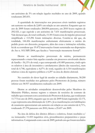 65
um acréscimo de 3% em relação àqueles recebidos no ano de 2009, quando
totalizaram 285.831.
A quantidade de intervenções nos processos cíveis também registrou
um aumento na ordem de 2,68% em relação ao ano anterior. Enquanto que no
ano de 2009 foram totalizados 284.894 pareceres, em 2010 houve registro de
292.525, o que equivale a um acréscimo de 7.631 manifestações processuais.
Vale destacar que, do total verificado, 15.301 foram cotas de impulso processual
simplificado e 113.296 foram intimações diversas. Conclui-se daí que, da
totalidade, 144.456 manifestações enfrentaram efetivamente o mérito do
pedido posto em discussão, porquanto, além das cotas e intimações referidas,
há de se considerar que 19.472 intervenções foram sustentadas nas disposições
do Ato n. 103/MP/2004, que faculta a “intervenção meramente formal”.
Dentre as manifestações processuais de mérito, permanecem
representando a maior fatia aquelas exaradas em processos envolvendo direito
de família – 56,13% do total, o que corresponde a 81.089 pareceres, vindo após
os relativos à área de inventários e arrolamentos (direito das sucessões), num
total de 6.748, equivalente a 4,67% do total, seguidos de 6.314 manifestações
relativas à área de registros públicos e 6.297 na área de direito eleitoral.
No exercício do dever legal de atender ao cidadão diariamente, 58.200
pessoas foram recebidas nos gabinetes pelos Promotores de Justiça, número
inferior aos 58.937 atendimentos realizados em 2009.
Dentre as atividades extrajudiciais desenvolvidas pelos Membros do
Ministério Público, merece registro o número de rescisões de contrato de
trabalhoquecontaramcomaassistênciadoPromotordeJustiça,quetotalizaram
11.773 no ano de 2010, enquanto que no ano de 2009 foram registradas 12.175,
o que representa uma diminuição de 3,30%. Já as manifestações em habilitações
de casamento apresentaram um aumento em relação ao ano anterior de 6,71%,
totalizando 27.378 pareceres em 2010, frente a 25.657 em 2009.
Na área da defesa dos direitos difusos e coletivos, foram recebidos e/
ou instaurados 11.410 inquéritos civis, procedimentos preparatórios e peças
informativas. Comparando com o ano de 2009, período em que foram recebidos
 