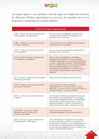 17
aos órgãos ligados à sua atividade; e prestar apoio aos Órgãos de Execução
do Ministério Público, especialmente na instrução de inquéritos civis ou na
preparação e propositura de medidas judiciais.
Centros de Apoio Operacional
CMA - Centro de Apoio Operacional
da Moralidade Administrativa
Atua na área da moralidade administrativa
e do patrimônio público, abrangendo as
matérias cível e criminal.
CME - Centro de Apoio Operacional
do Meio Ambiente
Atua na área do meio ambiente, abrangendo
as matérias cível e criminal.
CCO - Centro de Apoio Operacional
do Consumidor
Atua na área do consumidor, abrangendo as
matérias cível e criminal.
CCF - Centro de Apoio Operacional
da Cidadania e Fundações
Atua na área da cidadania e fundações,
abrangendo as matérias cíveis e criminais,
relativas, especialmente, aos direitos humanos,
à saúde, à educação especial, à educação para
idosos, à discriminação, às pessoas portadoras
de necessidades especiais, aos idosos, à
previdência, às fundações, ao terceiro setor
e ao regular funcionamento dos serviços
públicos.
CIJ - Centro de Apoio Operacional da
Infância e Juventude
Atua na área da infância e da juventude.
COT - Centro de Apoio Operacional
da Ordem Tributária
Atua na área da ordem tributária,
especialmente nos crimes contra a ordem
tributária, e na área cível, no que diz respeito à
tributação ilegal e matéria correlata.
CCR - Centro de Apoio Operacional
Criminal
Atua na área criminal, especialmente no que
diz respeito à execução penal, ao controle
externo da atividade policial, à criminalidade
organizada e de alta repercussão social e à
segurança pública, e apoia o Promotor de
Justiça que atua perante o Tribunal do Júri.
CECCON - Centro de Apoio
Operacional do Controle de
Constitucionalidade
Atua na área do controle de
constitucionalidade das normas jurídicas.
CIP - Centro de Apoio Operacional
de Informações e Pesquisas
Atua subsidiando os Órgãos de Execução,
no assessoramento técnico e no repasse de
informações coletadas, e, por determinação ou
autorização do Procurador-Geral de Justiça,
na área das investigações cíveis e criminais do
âmbito do Ministério Público.
 