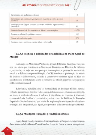 94
Participação em audiências públicas 2
Participação em seminários, congressos, palestras e outros eventos
externos 36
Participação em órgãos externos ou outras entidades representando a
Instituição 89
Encaminhamento de documentos ou feitos a outros órgãos 45.721
Pessoas atendidas (do público externo) 102
Outras atividades de apoio 874
Contatos com a imprensa escrita, falada e televisada 45
8.3.4.1 Políticas e prioridades estabelecidas no Plano Geral de
Atuação
A atuação do Ministério Público na área da Infância e Juventude ocorreu
nos três eixos que constituem o Sistema de Garantias de Direitos da Infância
e Juventude, ou seja, em campos que contemplam a promoção, o controle
social e a defesa e responsabilização. O CIJ priorizou a promoção da saúde
de crianças e adolescentes, visando a desenvolver diversas ações na rede de
atendimento, combatendo assim o consumo de álcool, cigarros e drogas pelo
público infantojuvenil.
Entretanto, também, deu-se continuidade às Políticas Sociais Básicas
voltadasàgarantiadodireitoàvida,àsaúde,àalimentação,àeducação,aoesporte,
ao lazer, à profissionalização, à cultura, à dignidade, ao respeito, à liberdade
e à convivência familiar e comunitária, assim como às Políticas de Proteção
Especial e Socioeducativas, por meio da implantação ou operacionalização e
avaliação dos programas, das ações, dos projetos e das atividades já existentes.
8.3.4.2 Atividades realizadas e resultados obtidos
Alémdasatividadesdescritas,foramrealizadasaçõesparaocumprimento
das metas estabelecidas no Plano Geral de Atuação, destacando-se as seguintes:
 
