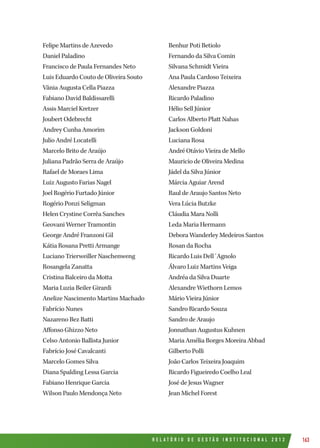 R E L A T Ó R I O D E G E S T Ã O I N S T I T U C I O N A L 2 0 1 2 163
Felipe Martins de Azevedo
Daniel Paladino
Francisco de Paula Fernandes Neto
Luis Eduardo Couto de Oliveira Souto
Vânia Augusta Cella Piazza
Fabiano David Baldissarelli
Assis Marciel Kretzer
Joubert Odebrecht
Andrey Cunha Amorim
Julio André Locatelli
Marcelo Brito de Araújo
Juliana Padrão Serra de Araújo
Rafael de Moraes Lima
Luiz Augusto Farias Nagel
Joel Rogério Furtado Júnior
Rogério Ponzi Seligman
Helen Crystine Corrêa Sanches
Geovani Werner Tramontin
George André Franzoni Gil
Kátia Rosana Pretti Armange
Luciano Trierweiller Naschenweng
Rosangela Zanatta
Cristina Balceiro da Motta
Maria Luzia Beiler Girardi
Anelize Nascimento Martins Machado
Fabrício Nunes
Nazareno Bez Batti
Affonso Ghizzo Neto
Celso Antonio Ballista Junior
Fabrício José Cavalcanti
Marcelo Gomes Silva
Diana Spalding Lessa Garcia
Fabiano Henrique Garcia
Wilson Paulo Mendonça Neto
Benhur Poti Betiolo
Fernando da Silva Comin
Silvana Schmidt Vieira
Ana Paula Cardoso Teixeira
Alexandre Piazza
Ricardo Paladino
Hélio Sell Júnior
Carlos Alberto Platt Nahas
Jackson Goldoni
Luciana Rosa
André Otávio Vieira de Mello
Mauricio de Oliveira Medina
Jádel da Silva Júnior
Márcia Aguiar Arend
Raul de Araujo Santos Neto
Vera Lúcia Butzke
Cláudia Mara Nolli
Leda Maria Hermann
Debora Wanderley Medeiros Santos
Rosan da Rocha
Ricardo Luis Dell´Agnolo
Álvaro Luiz Martins Veiga
Andréa da Silva Duarte
Alexandre Wiethorn Lemos
Mário Vieira Júnior
Sandro Ricardo Souza
Sandro de Araujo
Jonnathan Augustus Kuhnen
Maria Amélia Borges Moreira Abbad
Gilberto Polli
João Carlos Teixeira Joaquim
Ricardo Figueiredo Coelho Leal
José de Jesus Wagner
Jean Michel Forest
 