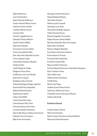 R E L A T Ó R I O D E G E S T Ã O I N S T I T U C I O N A L 2 0 1 2 165
Rafael Meira Luz
Ana Cristina Boni
Jorge Eduardo Hoffmann
Cássio Antonio Ribas Gomes
Fabrício Franke da Silva
Caroline Moreira Suzin
Luciana Uller
Cristine Angulski da Luz
Eduardo Chinato Ribeiro
André Teixeira Milioli
Marcionei Mendes
Fernanda Crevanzi Vailati
Victor Emendörfer Filho
João Alexandre Massulini Acosta
Cesar Augusto Engel
Carla Mara Pinheiro Miranda
Nataly Lemke
André Braga de Araújo
Diógenes Viana Alves
Guilherme Luis Lutz Morelli
Jean Pierre Campos
Rodrigo Cunha Amorim
Tatiana Rodrigues Borges Agostini
Samuel Dal-Farra Naspolini
Belmiro Hanisch Júnior
Raul Gustavo Juttel
Glauco José Riffel
Carlos Eduardo Cunha
Carlos Renato Silvy Teive
Germano Krause de Freitas
Luciana Schaefer Filomeno
Marcio Rio Branco Nabuco de Gouvêa
Eduardo Sens dos Santos
Júlio Fumo Fernandes
Henrique da Rosa Ziesemer
Diego Rodrigo Pinheiro
Alexandre Estefani
Mônica Lerch Lunardi
Henrique Laus Aieta
Alessandro Rodrigo Argenta
Arthur Koerich Inacio
Patricia Dagostin Tramontin
Felipe Prazeres Salum Müller
Marcelo Sebastião Netto de Campos
Elaine Rita Auerbach
Roberta Magioli Meirelles
Luiz Mauro Franzoni Cordeiro
Fred Anderson Vicente
Fernanda Broering Dutra
Caroline Cristine Eller
Maycon Robert Hammes
Larissa Mayumi Karazawa Takashima Ouriques
Eder Cristiano Viana
Aline Dalle Laste
Débora Pereira Nicolazzi
Giselli Dutra
Marcio Gai Veiga
Andréia Soares Pinto Favero
Anderson Adilson de Souza
Chimelly Louise de Resenes Marcon
Andreza Borinelli
Entrância Inicial
Cristina Elaine Thomé
Nilton Exterkoetter
Maria Cristina Pereira Cavalcanti Ribeiro
Silvana do Prado Brouwers
 