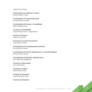 R E L A T Ó R I O D E G E S T Ã O I N S T I T U C I O N A L 2 0 1 3 - M P S C
129
Adauto Viccari Júnior
Coordenadoria de Auditoria e Controle
Rubinei Huttner Fischer
Coordenadoria de Comunicação Social
Luciana Wasum Carvalho
Coordenadoria de Finanças e Contabilidade
Márcio Abelardo Rosa
Gerência de Contabilidade
Luana Henrique Nunes – Respondendo
Gerência de Finanças
Sérgio Luiz Kraeski
Gerência de Execução Orçamentária
Ivania Maria de Lima
Coordenadoria de Acompanhamento Funcional
Jair Alcides dos Santos
Coordenadoria de Serviços Administrativos e Controle Disciplinar
Berenice Chaves Gomes
Coordenadoria de Operações Administrativas
Doris Mara Eller Brüggmann
Gerência de Almoxarifado
Luís Antônio Buss
Gerência de Compras
Samuel Wesley Elias
Gerência de Transportes
Jacqueline Figueró Jeske
Gerência de Patrimônio
 