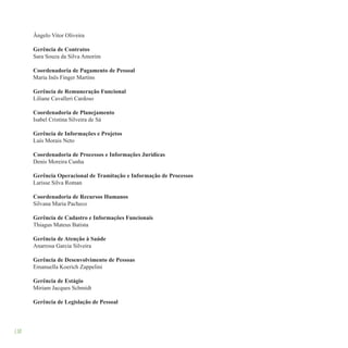 130
Ângelo Vitor Oliveira
Gerência de Contratos
Sara Souza da Silva Amorim
Coordenadoria de Pagamento de Pessoal
Maria Inês Finger Martins
Gerência de Remuneração Funcional
Liliane Cavalleri Cardoso
Coordenadoria de Planejamento
Isabel Cristina Silveira de Sá
Gerência de Informações e Projetos
Luís Morais Neto
Coordenadoria de Processos e Informações Jurídicas
Denis Moreira Cunha
Gerência Operacional de Tramitação e Informação de Processos
Larisse Silva Roman
Coordenadoria de Recursos Humanos
Silvana Maria Pacheco
Gerência de Cadastro e Informações Funcionais
Thiagus Mateus Batista
Gerência de Atenção à Saúde
Anarrosa Garcia Silveira
Gerência de Desenvolvimento de Pessoas
Emanuella Koerich Zappelini
Gerência de Estágio
Miriam Jacques Schmidt
Gerência de Legislação de Pessoal
 