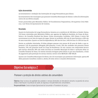 R E L A T Ó R I O D E G E S T Ã O I N S T I T U C I O N A L 2 0 1 3 - M P S C
19
Ações desenvolvidas
a) Levantamento e avaliação das Instituições de Longa Permanência para Idosos.
b) Levantamento dos municípios que possuem Conselhos Municipais de Idosos e coleta de informações
acerca de sua efetiva atuação.
Foram promovidos pelo Ministério Público 18 Procedimentos Preparatórios; 28 Inquéritos Civis Públi-
cos; e um Termo de Ajustamento de Conduta.
Resultados
Quanto às Instituições de Longa Permanência, levantou-se a existência de 168 delas no Estado. Destas,
124 foram vistoriadas pelo Ministério Público, por agentes da Vigilância Sanitária, do Corpo de Bom-
beiros e do Conselho Estadual dos Idosos. Foram encontrados, acolhidos, 2.831 idosos e outros 566
encontravam-se em lista de espera de vagas. Dentre os acolhidos, 60% são do sexo feminino e 40% são
do sexo masculino. Quanto ao nível de dependência, 40% são de Grau I, 40% de Grau II e 20% de Grau III.
Dentre as unidades vistoriadas, 39 delas abrigam pessoas com menos de 60 anos de idade, o que re-
presenta 7,4% da população albergada (209 pessoas). E mais: 50% das unidades não possuem Alvará
Sanitário; 70% não possuem laudo do Corpo de Bombeiros; 5% não contam com responsável técnico
pelo serviço oferecido; 90% não estão inscritas no Conselho Municipal do Idoso e nenhuma delas no
Conselho Estadual do Idoso. Os valores mensais entregues pelos idosos ou por seus familiares, a título
de pagamento pela prestação do serviço mensal, variam entre R$190,00 e R$7.000,00.
Quanto aos Conselhos Municipais de Idosos, dos 222 municípios que prestaram informação, apenas 88
deles possuem Conselhos criados e, destes, 83 estão ativos e atuando efetivamente.
Objetivo Estratégico 2
Promover a proteção dos direitos coletivos dos consumidores
Objetivo: Atuar na busca da qualidade dos produtos e serviços fornecidos no mercado de consumo, na garantia do acesso
amplo à informação e na proteção da saúde, da segurança e do patrimônio dos consumidores.
Responsabilidade: Centro de Apoio Operacional do Consumidor e Promotores de Justiça
 
