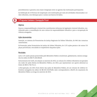 R E L A T Ó R I O D E G E S T Ã O I N S T I T U C I O N A L 2 0 1 3 - M P S C
41
2
procedimentos e garantiu uma maior integração entre os agentes das instituições participantes.
b) Celebração de 10 Termos de Cooperação com instituições por meio de atividades relacionadas à or-
dem tributária, com destaque para o acesso aos bancos de dados.
3 Programa Combate à Sonegação Fiscal
Objetivo
Buscar a responsabilização criminal dos contribuintes infratores da legislação criminal tributária, con-
tribuindo para a consolidação de uma cultura de responsabilidade tributária e para a recuperação de
tributos sonegados.
Ações desenvolvidas
Inserção, no sistema de Promotorias de Justiça Regionais da Ordem Tributária, de 94% das comarcas
catarinenses.
b) Promoção, pelas Promotorias de Justiça da Ordem Tributária, de 1.251 ações penais e de outras 153
peças processuais, vinculadas ao implemento daquelas ações.
Resultados
a) As 1.251 ações penais promovidas pelo Ministério Público envolveram, globalmente, valores sonega-
dos da ordem de R$ 375.264.000,00.
b) Incremento de 12,6%, em relação ao exercício de 2012, no volume de créditos tributários recuperados
em razão de ações diretas do Ministério Público, em 2013, que representam um aporte adicional ao
Erário de R$ 52.758.731,11.
c) Recuperação, em 2013, fruto direto das ações do Ministério Público, de um volume de créditos tri-
butários sonegados da ordem de R$ 419.154.078,08, valor correspondente a 84,01% do orçamento do
Ministério Público ao longo do exercício de 2013.
 