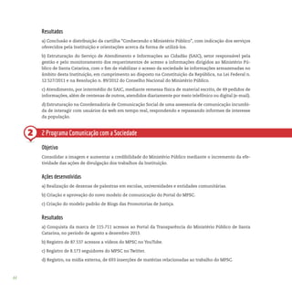 44
2
Resultados
a) Conclusão e distribuição da cartilha “Conhecendo o Ministério Público”, com indicação dos serviços
oferecidos pela Instituição e orientações acerca da forma de utilizá-los.
b) Estruturação do Serviço de Atendimento e Informações ao Cidadão (SAIC), setor responsável pela
gestão e pelo monitoramento dos requerimentos de acesso a informações dirigidos ao Ministério Pú-
blico de Santa Catarina, com o fim de viabilizar o acesso da sociedade às informações armazenadas no
âmbito desta Instituição, em cumprimento ao disposto na Constituição da República, na Lei Federal n.
12.527/2011 e na Resolução n. 89/2012 do Conselho Nacional do Ministério Público.
c) Atendimento, por intermédio do SAIC, mediante remessa física de material escrito, de 49 pedidos de
informações, além de centenas de outros, atendidos diariamente por meio telefônico ou digital (e-mail).
d) Estruturação na Coordenadoria de Comunicação Social de uma assessoria de comunicação incumbi-
da de interagir com usuários da web em tempo real, respondendo e repassando informes de interesse
da população.
2 Programa Comunicação com a Sociedade
Objetivo
Consolidar a imagem e aumentar a credibilidade do Ministério Público mediante o incremento da efe-
tividade das ações de divulgação dos trabalhos da Instituição.
Ações desenvolvidas
a) Realização de dezenas de palestras em escolas, universidades e entidades comunitárias.
b) Criação e aprovação do novo modelo de comunicação do Portal do MPSC.
c) Criação do modelo padrão de Blogs das Promotorias de Justiça.
Resultados
a) Conquista da marca de 115.711 acessos ao Portal da Transparência do Ministério Público de Santa
Catarina, no período de agosto a dezembro 2013.
b) Registro de 87.537 acessos a vídeos do MPSC no YouTube.
c) Registro de 8.173 seguidores do MPSC no Twitter.
d) Registro, na mídia externa, de 693 inserções de matérias relacionadas ao trabalho do MPSC.
 
