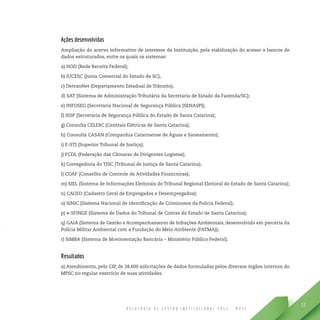 R E L A T Ó R I O D E G E S T Ã O I N S T I T U C I O N A L 2 0 1 3 - M P S C
53
Ações desenvolvidas
Ampliação do acervo informativo de interesse da Instituição, pela viabilização do acesso a bancos de
dados estruturados, entre os quais os sistemas:
a) HOD (Rede Receita Federal);
b) JUCESC (Junta Comercial do Estado de SC);
c) DetranNet (Departamento Estadual de Trânsito);
d) SAT (Sistema de Administração Tributária da Secretaria de Estado da Fazenda/SC);
e) INFOSEG (Secretaria Nacional de Segurança Pública (SENASP));
f) SISP (Secretaria de Segurança Pública do Estado de Santa Catarina);
g) Consulta CELESC (Centrais Elétricas de Santa Catarina);
h) Consulta CASAN (Companhia Catarinense de Águas e Saneamento);
i) E-STJ (Superior Tribunal de Justiça);
j) FCDL (Federação das Câmaras de Dirigentes Logistas);
k) Corregedoria do TJSC (Tribunal de Justiça de Santa Catarina);
l) COAF (Conselho de Controle de Atividades Financeiras);
m) SIEL (Sistema de Informações Eleitorais do Tribunal Regional Eleitoral do Estado de Santa Catarina);
n) CAGED (Cadastro Geral de Empregados e Desempregados);
o) SINIC (Sistema Nacional de Identificação de Criminosos da Polícia Federal);
p) e-SFINGE (Sistema de Dados do Tribunal de Contas do Estado de Santa Catarina);
q) GAIA (Sistema de Gestão e Acompanhamento de Infrações Ambientais, desenvolvido em parceria da
Polícia Militar Ambiental com a Fundação do Meio Ambiente (FATMA));
r) SIMBA (Sistema de Movimentação Bancária – Ministério Público Federal).
Resultados
a) Atendimento, pelo CIP, de 28.600 solicitações de dados formuladas pelos diversos órgãos internos do
MPSC no regular exercício de suas atividades.
 