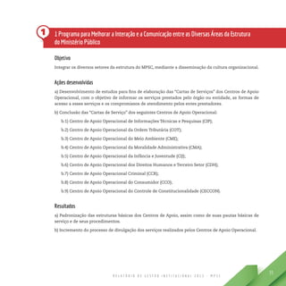 R E L A T Ó R I O D E G E S T Ã O I N S T I T U C I O N A L 2 0 1 3 - M P S C
55
1 1 Programa para Melhorar a Interação e a Comunicação entre as Diversas Áreas da Estrutura
do Ministério Público
Objetivo
Integrar os diversos setores da estrutura do MPSC, mediante a disseminação da cultura organizacional.
Ações desenvolvidas
a) Desenvolvimento de estudos para fins de elaboração das “Cartas de Serviços” dos Centros de Apoio
Operacional, com o objetivo de informar os serviços prestados pelo órgão ou entidade, as formas de
acesso a esses serviços e os compromissos de atendimento pelos entes prestadores.
b) Conclusão das “Cartas de Serviço” dos seguintes Centros de Apoio Operacional:
b.1) Centro de Apoio Operacional de Informações Técnicas e Pesquisas (CIP);
b.2) Centro de Apoio Operacional da Ordem Tributária (COT);
b.3) Centro de Apoio Operacional do Meio Ambiente (CME);
b.4) Centro de Apoio Operacional da Moralidade Administrativa (CMA);
b.5) Centro de Apoio Operacional da Infância e Juventude (CIJ);
b.6) Centro de Apoio Operacional dos Direitos Humanos e Terceiro Setor (CDH);
b.7) Centro de Apoio Operacional Criminal (CCR);
b.8) Centro de Apoio Operacional do Consumidor (CCO);
b.9) Centro de Apoio Operacional do Controle de Constitucionalidade (CECCON).
Resultados
a) Padronização das estruturas básicas dos Centros de Apoio, assim como de suas pautas básicas de
serviço e de seus procedimentos.
b) Incremento do processo de divulgação dos serviços realizados pelos Centros de Apoio Operacional.
 