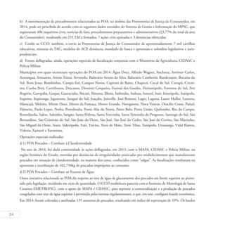 24
b)	 A movimentação de procedimentos relacionados ao POA, no âmbito das Promotorias de Justiça do Consumidor, em
2014, pode ser percebida de acordo com os seguintes dados extraídos do Sistema de Gestão e Informação do MPSC, que
registraram 406 inquéritos civis, notícias de fato, procedimentos preparatórios e administrativos (23,77% do total da área
do Consumidor), resultando em 255 TACs firmados, 7 ações civis ajuizadas e 3 denúncias oferecidas.
c)	 Coube ao CCO, também, o envio às Promotorias de Justiça do Consumidor de aproximadamente 7 mil cartilhas
educativas, minutas de TAC, modelos de ACP, denúncia, mandado de busca e apreensão e subsídios legislativos e juris-
prudenciais.
d)	 Foram deflagradas, ainda, operações especiais de fiscalização conjuntas com o Ministério da Agricultura, CIDASC e
Polícia Militar.
Municípios nos quais ocorreram operações do POA em 2014: Água Doce, Alfredo Wagner, Anchieta, Antônio Carlos,
Araranguá, Armazém, Arroio Trinta, Arvoredo, Balneário Arroio do Silva, Balneário Camboriú, Bandeirante, Bocaina do
Sul, Bom Jesus, Bombinhas, Campo Erê, Campos Novos, Capivari de Baixo, Chapecó, Cocal do Sul, Corupá, Criciú-
ma, Cunha Porã, Curitibanos, Descanso, Dionísio Cerqueira, Faxinal dos Guedes, Florianópolis, Formosa do Sul, Frei
Rogério, Garopaba, Gaspar, Guaraciaba, Ibicaré, Ibirama, Ilhota, Imbituba, Imbuia, Iomerê, Irati, Irineópolis, Itaiópolis,
Itapema, Itapiranga, Jaguaruna, Jaraguá do Sul, Joaçaba, Joinville, José Boiteux, Lages, Laguna, Lauro Muller, Luzerna,
Maracajá, Meleiro, Mirim Doce, Morro da Fumaça, Morro Grande, Navegantes, Nova Veneza, Otacílio Costa, Painel,
Palmeira, Paulo Lopes, Penha, Petrolândia, Ponte Alta do Norte, Porto Belo, Porto União, Quilombo, Rio do Campo,
Romelândia, Salete, Saltinho, Sangão, Santa Helena, Santa Terezinha, Santa Terezinha do Progresso, Santiago do Sul, São
Bernardino, São Cristóvão do Sul, São João do Oeste, São José, São José do Cedro, São José do Cerrito, São Martinho,
São Miguel do Oeste, Seara, Siderópolis, Taió, Treviso, Treze de Maio, Treze Tílias, Tunápolis, Urussanga, Vidal Ramos,
Videira, Xanxerê e Xavantina.
Operações especiais realizadas:
d.1) POA Pescados – Combate à Clandestinidade
No ano de 2014, foi dada continuidade às ações deflagradas, em 2013, com o MAPA, CIDASC e Polícia Militar, na
região litorânea do Estado, movidas por denúncias de irregularidades praticadas por estabelecimentos que manufaturam
pescados em situação de clandestinidade, na maioria dos casos, conhecidos como “salgas”. As fiscalizações resultaram na
apreensão e inutilização de 102.750kg de pescados impróprios ao consumo.
d.2) POA Pescados – Combate ao Excesso de Água
Outra iniciativa relacionada ao POA diz respeito ao teor de água de glaceamento dos pescados em limite superior ao permi-
tido pela legislação, incidindo em vício de quantidade. O CCO estabeleceu parceria com o Instituto de Metrologia de Santa
Catarina (IMETRO/SC), com o apoio do MAPA e CIDASC, para reprimir a comercialização e a produção de pescados
congelados com teor de água superior à permitida pelas normas regulamentares, o que, em tese, configura fraude econômica.
Em 2014, foram coletadas e analisadas 135 amostras de pescados, resultando em índice de reprovação de 33%. Os laudos
 