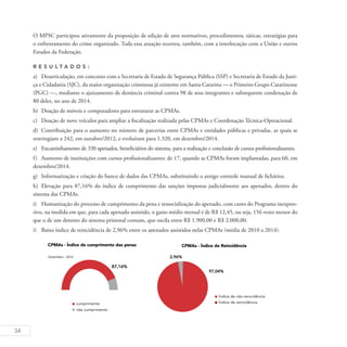 34
O MPSC participou ativamente da proposição de edição de atos normativos, procedimentos, táticas, estratégias para
o enfrentamento do crime organizado. Toda essa atuação ocorreu, também, com a interlocução com a União e outros
Estados da Federação.
R es u ltados :
a)	 Desarticulação, em concurso com a Secretaria de Estado de Segurança Pública (SSP) e Secretaria de Estado da Justi-
ça e Cidadania (SJC), da maior organização criminosa já existente em Santa Catarina — o Primeiro Grupo Catarinense
(PGC) —, mediante o ajuizamento de denúncia criminal contra 98 de seus integrantes e subsequente condenação de
80 deles, no ano de 2014.
b)	 Doação de móveis e computadores para estruturar as CPMAs.
c)	 Doação de nove veículos para ampliar a fiscalização realizada pelas CPMAs e Coordenação Técnica-Operacional.
d)	 Contribuição para o aumento no número de parcerias entre CPMAs e entidades públicas e privadas, as quais se
restringiam a 242, em outubro/2012, e evoluíram para 1.320, em dezembro/2014.
e)	 Encaminhamento de 330 apenados, beneficiários do sistema, para a realização e conclusão de cursos profissionalizantes.
f)	 Aumento de instituições com cursos profissionalizantes: de 17, quando as CPMAs foram implantadas, para 60, em
dezembro/2014.
g)	 Informatização e criação do banco de dados das CPMAs, substituindo o antigo controle manual de fichários.
h)	 Elevação para 87,16% do índice de cumprimento das sanções impostas judicialmente aos apenados, dentro do
sistema das CPMAs.
i)	 Humanização do processo de cumprimento da pena e ressocialização do apenado, com custo do Programa inexpres-
sivo, na medida em que, para cada apenado assistido, o gasto médio mensal é de R$ 12,45, ou seja, 156 vezes menor do
que o de um detento do sistema prisional comum, que oscila entre R$ 1.900,00 e R$ 2.000,00.
j)	 Baixo índice de reincidência de 2,96% entre os apenados assistidos pelas CPMAs (média de 2010 a 2014).
I ndicadores de res u ltado
	
 