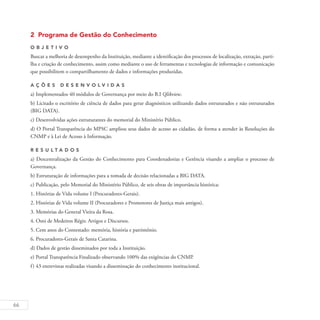 66
2 Programa de Gestão do Conhecimento
O b j eti v o
Buscar a melhoria de desempenho da Instituição, mediante a identificação dos processos de localização, extração, parti-
lha e criação de conhecimento, assim como mediante o uso de ferramentas e tecnologias de informação e comunicação
que possibilitem o compartilhamento de dados e informações produzidas.
A ç õ es D esen v ol v idas
a) Implementados 40 módulos de Governança por meio do B.I Qlikview.
b) Licitado o escritório de ciência de dados para gerar diagnósticos utilizando dados estruturados e não estruturados
(BIG DATA).
c) Desenvolvidas ações estruturantes do memorial do Ministério Público.
d) O Portal Transparência do MPSC ampliou seus dados de acesso ao cidadão, de forma a atender às Resoluções do
CNMP e à Lei de Acesso à Informação.
R es u ltados
a) Descentralização da Gestão do Conhecimento para Coordenadorias e Gerência visando a ampliar o processo de
Governança.
b) Estruturação de informações para a tomada de decisão relacionadas a BIG DATA.
c) Publicação, pelo Memorial do Ministério Público, de seis obras de importância histórica:
1. Histórias de Vida volume I (Procuradores-Gerais).
2. Histórias de Vida volume II (Procuradores e Promotores de Justiça mais antigos).
3. Memórias do General Vieira da Rosa.
4. Osni de Medeiros Régis: Artigos e Discursos.
5. Cem anos do Contestado: memória, história e patrimônio.
6. Procuradores-Gerais de Santa Catarina.
d) Dados de gestão disseminados por toda a Instituição.
e) Portal Transparência Finalizado observando 100% das exigências do CNMP.
f) 43 entrevistas realizadas visando a disseminação do conhecimento institucional.
 
