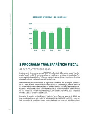 Relatório
de
Gestão
Institucional
2022
140
3 PROGRAMA TRANSPARÊNCIA FISCAL
BREVE CONTEXTUALIZAÇÃO
Criado a partir do tema transversal “O MPSC no Combate à Corrupção para a Transfor-
mação Social”, em 2016, o programa buscou inicialmente ampliar a atribuição das Pro-
motorias de Justiça da Ordem Tributária, mediante a inserção de mecanismos de tutela
difusa a fim de dar efetividade plena à justiça fiscal.
Posteriormente, foram analisadas as legislações tributárias dos municípios e do Esta-
do de Santa Catarina, concessivas de benefícios fiscais como isenção, anistia, remissão
ou tratamento tributário diferenciado, de forma a verificar sua compatibilidade consti-
tucional e infraconstitucional, combatendo eventual discricionariedade administrativa
na sua concessão e recomendando correção, em caráter preventivo, ou a adoção de
medidas judiciais aplicáveis a cada caso.
Em razão de a política tributária do Estado de Santa Catarina, a partir de 2019, por
intervenção judicial do próprio MPSC (ADIN 8000014-09.2017.8.24/0000), no tocan-
te à concessão de benefícios fiscais, ter estabelecido que qualquer subsídio ou isen-
 