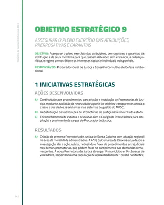 Relatório
de
Gestão
Institucional
2022
142
OBJETIVO ESTRATÉGICO 9
ASSEGURAR O PLENO EXERCÍCIO DAS ATRIBUIÇÕES,
PRERROGATIVAS E GARANTIAS
OBJETIVO: Assegurar o pleno exercício das atribuições, prerrogativas e garantias da
instituição e de seus membros para que possam defender, com eficiência, a ordem ju-
rídica, o regime democrático e os interesses sociais e individuais indisponíveis.
RESPONSÁVEIS: Procurador-Geral de Justiça e Conselho Consultivo de Defesa Institu-
cional.
1 INICIATIVAS ESTRATÉGICAS
AÇÕES DESENVOLVIDAS
A) Continuidade aos procedimentos para criação e instalação de Promotorias de Jus-
tiça, mediante avaliação da necessidade a partir de critérios transparentes a toda a
classe e dos dados já existentes nos sistemas de gestão do MPSC;
B) Redistribuição das atribuições de Promotorias de Justiça nas comarcas do estado;
C) Encaminhamento de estudos e discussão com o Colégio de Procuradores para am-
pliação e provimento de cargos de Procurador de Justiça.
RESULTADOS
A) Criação da primeira Promotoria de Justiça de Santa Catarina com atuação regional
na área da moralidade administrativa. A 4ª PJ da Comarca de Xanxerê atua desde a
investigação até a ação judicial, reduzindo o fluxo de procedimentos extrajudiciais
nas demais promotorias, que podem focar no cumprimento das demandas rema-
nescentes. A nova Promotoria de Justiça abrange 14 municípios e 14 câmaras de
vereadores, impactando uma população de aproximadamente 150 mil habitantes;
 