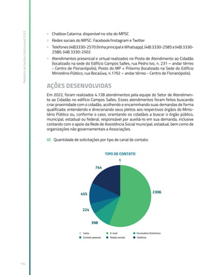 Relatório
de
Gestão
Institucional
2022
154
» Chatbox Catarina: disponível no site do MPSC
» Redes sociais do MPSC: Facebook/Instagram e Twitter
» Telefones (48)3330-2570 (linha principal e Whatsapp), (48) 3330-2585 e (48) 3330-
2580, (48) 3330-2502
» Atendimentos presencial e virtual realizados no Posto de Atendimento ao Cidadão
(localizado na sede do Edifício Campos Salles, rua Pedro Ivo, n. 231 – andar térreo
- Centro de Florianópolis), Posto do MP + Próximo (localizado na Sede do Edifício
Ministério Público, rua Bocaiúva, n.1792 – andar térreo - Centro de Florianópolis).
AÇÕES DESENVOLVIDAS
Em 2022, foram realizados 4.128 atendimentos pela equipe do Setor de Atendimen-
to ao Cidadão no edifício Campos Salles. Esses atendimentos foram feitos buscando
criar proximidade com o cidadão, acolhendo e encaminhando suas demandas de forma
qualificada: entendendo e direcionando seus pleitos aos respectivos órgãos do Minis-
tério Público ou, conforme o caso, orientando os cidadãos a buscar o órgão público,
municipal, estadual ou federal, responsável por auxiliá-lo em sua demanda, inclusive
contando com o apoio da Rede de Assistência Social municipal, estadual, bem como de
organizações não governamentais a Associações.
A) Quantidade de solicitações por tipo de canal de contato:
 