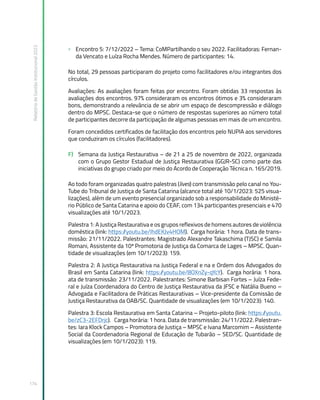Relatório
de
Gestão
Institucional
2022
174
» Encontro 5: 7/12/2022 – Tema: CoMPartilhando o seu 2022. Facilitadoras: Fernan-
da Vencato e Luíza Rocha Mendes. Número de participantes: 14.
No total, 29 pessoas participaram do projeto como facilitadores e/ou integrantes dos
círculos.
Avaliações: As avaliações foram feitas por encontro. Foram obtidas 33 respostas às
avaliações dos encontros. 97% consideraram os encontros ótimos e 3% consideraram
bons, demonstrando a relevância de se abrir um espaço de descompressão e diálogo
dentro do MPSC. Destaca-se que o número de respostas superiores ao número total
de participantes decorre da participação de algumas pessoas em mais de um encontro.
Foram concedidos certificados de facilitação dos encontros pelo NUPIA aos servidores
que conduziram os círculos (facilitadores).
F) Semana da Justiça Restaurativa – de 21 a 25 de novembro de 2022, organizada
com o Grupo Gestor Estadual de Justiça Restaurativa (GGJR-SC) como parte das
iniciativas do grupo criado por meio do Acordo de Cooperação Técnica n. 165/2019.
Ao todo foram organizadas quatro palestras (lives) com transmissão pelo canal no You-
Tube do Tribunal de Justiça de Santa Catarina (alcance total até 10/1/2023: 525 visua-
lizações), além de um evento presencial organizado sob a responsabilidade do Ministé-
rio Público de Santa Catarina e apoio do CEAF, com 134 participantes presenciais e 470
visualizações até 10/1/2023.
Palestra 1: A Justiça Restaurativa e os grupos reflexivos de homens autores de violência
doméstica (link: https:/
/youtu.be/IhdEKJv4HOM). Carga horária: 1 hora. Data de trans-
missão: 21/11/2022. Palestrantes: Magistrado Alexandre Takaschima (TJSC) e Samila
Romani, Assistente da 10ª Promotoria de Justiça da Comarca de Lages – MPSC. Quan-
tidade de visualizações (em 10/1/2023): 159.
Palestra 2: A Justiça Restaurativa na Justiça Federal e na e Ordem dos Advogados do
Brasil em Santa Catarina (link: https:/
/youtu.be/8OXnZy-qYcY). Carga horária: 1 hora.
ata de transmissão: 23/11/2022. Palestrantes: Simone Barbisan Fortes – Juíza Fede-
ral e Juíza Coordenadora do Centro de Justiça Restaurativa da JFSC e Natália Bueno –
Advogada e Facilitadora de Práticas Restaurativas – Vice-presidente da Comissão de
Justiça Restaurativa da OAB/SC. Quantidade de visualizações (em 10/1/2023): 140.
Palestra 3: Escola Restaurativa em Santa Catarina – Projeto-piloto (link: https:/
/youtu.
be/zC3-2EFDrjc). Carga horária: 1 hora. Data de transmissão: 24/11/2022. Palestran-
tes: Iara Klock Campos – Promotora de Justiça – MPSC e Ivana Marcomim – Assistente
Social da Coordenadoria Regional de Educação de Tubarão – SED/SC. Quantidade de
visualizações (em 10/1/2023): 119.
 