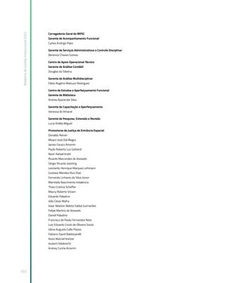 Relatório
de
Gestão
Institucional
2022
333
Corregedoria-Geral do MPSC
Gerente de Acompanhamento Funcional
Carlos Andrigo Paes
Gerente de Serviços Administrativos e Controle Disciplinar
Berenice Chaves Gomes
Centro de Apoio Operacional Técnico
Gerente de Análise Contábil
Douglas da Silveira
Gerente de Análise Multidisciplinar
Fábio Rogério Matiuzzi Rodrigues
Centro de Estudos e Aperfeiçoamento Funcional
Gerente de Biblioteca
Andrea Aparecida Silva
Gerente de Capacitação e Aperfeiçoamento
Vanessa do Amaral
Gerente de Pesquisa, Extensão e Revisão
Lucia Anilda Miguel
Promotores de Justiça de Entrância Especial
Donaldo Reiner
Moacir José Dal Magro
James Faraco Amorim
Paulo Roberto Luz Gottardi
Neori Rafael Krahl
Ricardo Marcondes de Azevedo
Sérgio Ricardo Joesting
Leonardo Henrique Marques Lehmann
Gustavo Mereles Ruiz Diaz
Fernando Linhares da Silva Júnior
Maristela Nascimento Indalencio
Thais Cristina Scheffer
Maury Roberto Viviani
Eduardo Paladino
Júlio César Mafra
Isaac Newton Belota Sabbá Guimarães
Felipe Martins de Azevedo
Daniel Paladino
Francisco de Paula Fernandes Neto
Luis Eduardo Couto de Oliveira Souto
Vânia Augusta Cella Piazza
Fabiano David Baldissarelli
Assis Marciel Kretzer
Joubert Odebrecht
Andrey Cunha Amorim
 