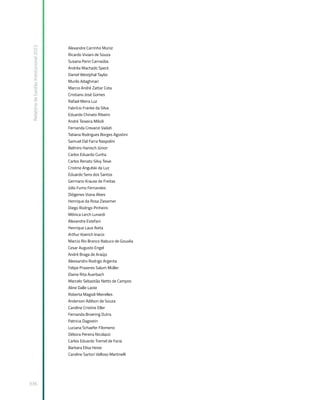 Relatório
de
Gestão
Institucional
2022
336
Alexandre Carrinho Muniz
Ricardo Viviani de Souza
Susana Perin Carnaúba
Andréa Machado Speck
Daniel Westphal Taylor
Murilo Adaghinari
Marcio André Zattar Cota
Cristiano José Gomes
Rafael Meira Luz
Fabrício Franke da Silva
Eduardo Chinato Ribeiro
André Teixeira Milioli
Fernanda Crevanzi Vailati
Tatiana Rodrigues Borges Agostini
Samuel Dal Farra Naspolini
Belmiro Hanisch Júnior
Carlos Eduardo Cunha
Carlos Renato Silvy Teive
Cristine Angulski da Luz
Eduardo Sens dos Santos
Germano Krause de Freitas
Júlio Fumo Fernandes
Diógenes Viana Alves
Henrique da Rosa Ziesemer
Diego Rodrigo Pinheiro
Mônica Lerch Lunardi
Alexandre Estefani
Henrique Laus Aieta
Arthur Koerich Inacio
Marcio Rio Branco Nabuco de Gouvêa
Cesar Augusto Engel
André Braga de Araújo
Alessandro Rodrigo Argenta
Felipe Prazeres Salum Müller
Elaine Rita Auerbach
Marcelo Sebastião Netto de Campos
Aline Dalle Laste
Roberta Magioli Meirelles
Anderson Adilson de Souza
Caroline Cristine Eller
Fernanda Broering Dutra
Patricia Dagostin
Luciana Schaefer Filomeno
Débora Pereira Nicolazzi
Carlos Eduardo Tremel de Faria
Barbara Elisa Heise
Caroline Sartori Velloso Martinelli
 