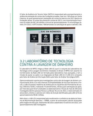 Relatório
de
Gestão
Institucional
2022
196
O Setor de Auditoria do Terceiro Setor (SATS) é responsável pelo acompanhamento e
análise de prestação de contas das fundações privadas, hoje com 160 ativas em Santa
Catarina, as quais apresentaram prestações de contas do exercício de 2021 (dentre as
fundações ativas, 54 ainda não prestaram contas de 2021), com movimentação finan-
ceira na ordem de R$ 2,04 bilhões e vínculo de aproximadamente 15 mil empregos di-
retos. Em 2022, o SATS recebeu 198 demandas via solicitação de apoio e atendeu 230.
3.2 LABORATÓRIO DE TECNOLOGIA
CONTRA A LAVAGEM DE DINHEIRO
O Laboratório do MPSC integra a Rede LAB-LD, que é o conjunto de Laboratórios de
Tecnologia contra Lavagem de Dinheiro instalados no Brasil. O MPSC tem assento no
Comitê Gestor da Rede LAB-LD, formado pelos laboratórios mais avançados, e tem a
missão de pautar as ações e as integrações da Rede LAB-LD. O LAB-LD é composto
pelo Setor de Análise da Informação (SAI) e pelo Setor de Análise Tecnológica (SAT).
Operacionalizando suporte para investigações contra atos de lavagem de dinheiro, en-
riquecimento ilícito e as mais diversas incompatibilidades de recursos bancários e fis-
cais, o LAB-LD prestou relatórios de análise para os inquéritos das Promotorias de Jus-
tiça, GAECOs e GEACs, realizando 75 atendimentos, 39 dos quais solicitações de apoio,
por meio das quais foram analisados os dados bancários e fiscais de mais de 200 alvos
investigados (dentre pessoas físicas e jurídicas). No ano de 2022, o total estimado em
ativos (bens, direitos e valores) com indício de ilicitude identificados pelo LAB-LD foi de
aproximadamente R$ 82 milhões.
Além disso, o LAB-LD é responsável pelo recebimento e conferência de dados do Siste-
ma de Movimentação Bancária – SIMBA, a partir de autorizações judiciais alcançadas
pelos órgãos de execução, totalizando 58 casos cadastrados no exercício de 2022, com
aproximadamente 500 investigados.
 