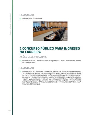 Relatório
de
Gestão
Institucional
2022
246
RESULTADOS
A) Nomeação de 71 servidores.
2 CONCURSO PÚBLICO PARA INGRESSO
NA CARREIRA
AÇÕES DESENVOLVIDAS
A) Realização do 42º Concurso Público de Ingresso na Carreira do Ministério Público
de Santa Catarina.
RESULTADOS
A) Nomeação de 35 Promotores Substitutos, lotados nas 2ª Circunscrição Blumenau,
3ª Circunscrição Joinville, 4ª Circunscrição Rio do Sul, 5ª Circunscrição São Bento
do Sul, 6ª Circunscrição Canoinhas, 7ª Circunscrição Joaçaba, 8ª Circunscrição Curi-
tibanos, 9ª Circunscrição Concórdia, 10ª Circunscrição Lages, 11ª Circunscrição de
Tubarão, 12ª Circunscrição Criciúma, 13ª Circunscrição Chapecó, 14ª Circunscrição
São Miguel do Oeste, 15ª Circunscrição Xanxerê, 17ª Circunscrição Videira e 23ª
Circunscrição Ararangua.
 