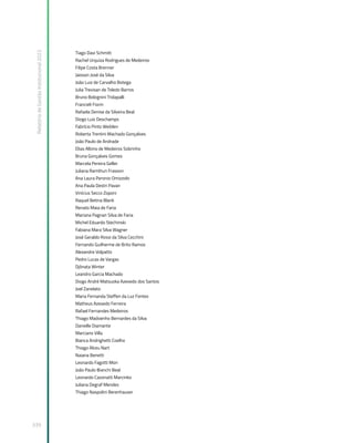 Relatório
de
Gestão
Institucional
2022
339
Tiago Davi Schmitt
Rachel Urquiza Rodrigues de Medeiros
Filipe Costa Brenner
Jaisson José da Silva
João Luiz de Carvalho Botega
Julia Trevisan de Toledo Barros
Bruno Bolognini Tridapalli
Francieli Fiorin
Rafaela Denise da Silveira Beal
Diogo Luiz Deschamps
Fabrício Pinto Weiblen
Roberta Trentini Machado Gonçalves
João Paulo de Andrade
Elias Albino de Medeiros Sobrinho
Bruna Gonçalves Gomes
Marcela Pereira Geller
Juliana Ramthun Frasson
Ana Laura Peronio Omizzolo
Ana Paula Destri Pavan
Vinícius Secco Zoponi
Raquel Betina Blank
Renato Maia de Faria
Mariana Pagnan Silva de Faria
Michel Eduardo Stechinski
Fabiana Mara Silva Wagner
José Geraldo Rossi da Silva Cecchini
Fernando Guilherme de Brito Ramos
Alexandre Volpatto
Pedro Lucas de Vargas
Djônata Winter
Leandro Garcia Machado
Diogo André Matsuoka Azevedo dos Santos
Joel Zanelato
Maria Fernanda Steffen da Luz Fontes
Matheus Azevedo Ferreira
Rafael Fernandes Medeiros
Thiago Madoenho Bernardes da Silva
Danielle Diamante
Marciano Villa
Bianca Andrighetti Coelho
Thiago Alceu Nart
Naiana Benetti
Leonardo Fagotti Mori
João Paulo Bianchi Beal
Leonardo Cazonatti Marcinko
Juliana Degraf Mendes
Thiago Naspolini Berenhauser
 