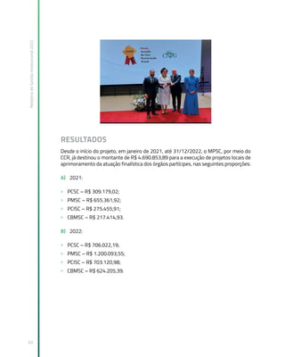 Relatório
de
Gestão
Institucional
2022
63
RESULTADOS
Desde o início do projeto, em janeiro de 2021, até 31/12/2022, o MPSC, por meio do
CCR, já destinou o montante de R$ 4.690.853,89 para a execução de projetos locais de
aprimoramento da atuação finalística dos órgãos partícipes, nas seguintes proporções:
A) 2021:
» PCSC – R$ 309.179,02;
» PMSC – R$ 655.361,92;
» PCISC – R$ 275.455,91;
» CBMSC – R$ 217.414,93.
B) 2022:
» PCSC – R$ 706.022,19;
» PMSC – R$ 1.200.093,55;
» PCISC – R$ 703.120,98;
» CBMSC – R$ 624.205,39.
 