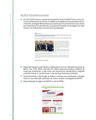 Relatório
de
Gestão
Institucional
2022
68
AÇÕES DESENVOLVIDAS
A) Em 22/2/2022 ocorreu o evento de lançamento oficial do NEAVIT, bem como o iní-
cio dos atendimentos às vítimas. A medida foi divulgada aos Coordenadores Admi-
nistrativos da Região Metropolitana da Capital para encaminhamento das vítimas
que necessitarem de atendimento. O lançamento também foi divulgado nas redes
sociais e no YouTube para conhecimento da população;
B) Elaborado fluxograma de trabalho multidisciplinar com as instituições parceiras do
MPSC: TJSC, PCSC, PMSC, SAP, SDS, PCI, RAIVS, Defensoria Pública e OAB/SC, de
modo que, atualmente, a rede conta com atendimento interdisciplinar integrado
contendo mais de 21 pontos focais e mais de 40 profissionais envolvidos;
C) Desenvolvimento e distribuição de folders e cartilhas para distribuição e afixação
interna e nas instituições partícipes, de modo a ampliar a divulgação do NEAVIT;
D) Disponibilização de página do NEAVIT no site do MPSC;
 