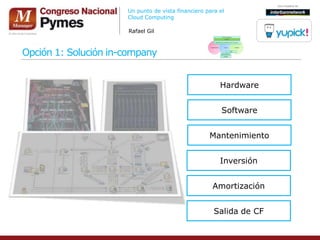 Un punto de vista financiero para el
                      Cloud Computing

                      Rafael Gil



Opción 1: Solución in-company


                                                        Hardware


                                                         Software


                                                    Mantenimiento


                                                        Inversión


                                                     Amortización


                                                      Salida de CF
 