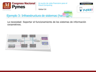 Un punto de vista financiero para el
                           Cloud Computing

                            Rafael Gil



Ejemplo 3: Infraestructura de sistemas (hardware)

La necesidad: Soportar el funcionamiento de los sistemas de información
corporativos.
 