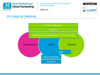 Un punto de vista financiero para el
                          Cloud Computing

                          Rafael Gil



Un mapa de sistemas

                               Video conferencia

                                       Correo e


                 Infraestructura de Sistemas de información



          Colaboradores           Yupick!                 Clientes


                                                  CRM

                              Documentación

                                  Intranet
 