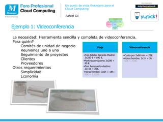 Un punto de vista financiero para el
                                   Cloud Computing

                                    Rafael Gil



Ejemplo 1: Videoconferencia

La necesidad: Herramienta sencilla y completa de videoconferencia.
Para quién?
    Comités de unidad de negocio                    Viaje                  Videoconferencia
    Reuniones uno a uno
    Seguimiento de proyectos          •Tres billetes Alicante-Madrid: •Cuota por 2x60 min = 23€.
                                       3x280 € = 840 €.
    Clientes                          •Parking aeropuerto 3x20€ =
                                                                      •Horas hombre: 3x1h = 3h x
                                                                       90€ = 270€.
    Proveedores                        60 €.
                                      •Taxi Aeropuerto-destino:
Otros requerimientos                   2x15€ = 30€.
    Simplicidad                       •Horas hombre: 3x6h = 18h x
                                       90€ = 1.620€.
    Economía
 