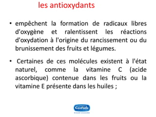 •empêchentlaformationderadicauxlibresd'oxygèneetralentissentlesréactionsd'oxydationàl'originedurancissementoudubrunissementdesfruitsetlégumes. 
•Certainesdecesmoléculesexistentàl'étatnaturel,commelavitamineC(acideascorbique)contenuedanslesfruitsoulavitamineEprésentedansleshuiles; 
les antioxydants  
