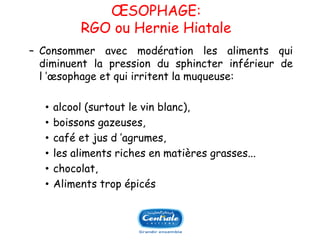OESOPHAGE: RGO ou Hernie Hiatale 
ŔConsommeravecmodérationlesalimentsquidiminuentlapressiondusphincterinférieurdel’oesophageetquiirritentlamuqueuse: 
•alcool(surtoutlevinblanc), 
•boissonsgazeuses, 
•caféetjusd’agrumes, 
•lesalimentsrichesenmatièresgrasses... 
•chocolat, 
•Alimentstropépicés  
