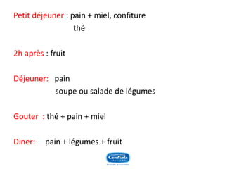 Petit déjeuner : pain + miel, confiture 
thé 
2h après : fruit 
Déjeuner: pain 
soupe ou salade de légumes 
Gouter : thé + pain + miel 
Diner: pain + légumes + fruit  
