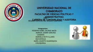 UNIVERSIDAD NACIONAL DE
CHIMBORAZO
FACULTAD DE CIENCIAS POLITICAS Y
ADMINISTRATIVAS
CARRERA DE CONTABILIDAD Y AUDITORIA
Integrantes:
YESSENIA ISABEL SALINAS MAITA
MARIUXI JASMIN SÁNCHEZ
CISNEROS
MARISELA RUTH ILLANES
MUCUSHIGUA
MARÍA JEANETH GUANOQUIZA
CHILIQUINGA
TEMA:
RÉGIMEN ESPECIAL DEL SEGURO CAMPESINO
 