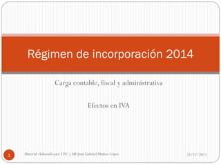 Régimen de incorporación 2014
Carga contable, fiscal y administrativa
Efectos en IVA

1

Material elaborado por CPC y MI Juan Gabriel Muñoz López

25/11/2013

 