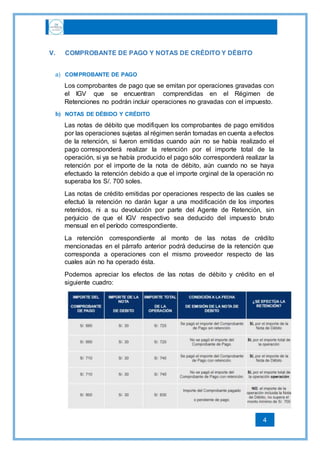 4
V. COMPROBANTE DE PAGO Y NOTAS DE CRÉDITO Y DÉBITO
a) COMPROBANTE DE PAGO
Los comprobantes de pago que se emitan por operaciones gravadas con
el IGV que se encuentran comprendidas en el Régimen de
Retenciones no podrán incluir operaciones no gravadas con el impuesto.
b) NOTAS DE DÉBIDO Y CRÉDITO
Las notas de débito que modifiquen los comprobantes de pago emitidos
por las operaciones sujetas al régimen serán tomadas en cuenta a efectos
de la retención, si fueron emitidas cuando aún no se había realizado el
pago corresponderá realizar la retención por el importe total de la
operación, si ya se había producido el pago sólo corresponderá realizar la
retención por el importe de la nota de débito, aún cuando no se haya
efectuado la retención debido a que el importe orginal de la operación no
superaba los S/. 700 soles.
Las notas de crédito emitidas por operaciones respecto de las cuales se
efectuó la retención no darán lugar a una modificación de los importes
retenidos, ni a su devolución por parte del Agente de Retención, sin
perjuicio de que el IGV respectivo sea deducido del impuesto bruto
mensual en el período correspondiente.
La retención correspondiente al monto de las notas de crédito
mencionadas en el párrafo anterior podrá deducirse de la retención que
corresponda a operaciones con el mismo proveedor respecto de las
cuales aún no ha operado ésta.
Podemos apreciar los efectos de las notas de débito y crédito en el
siguiente cuadro:
 
