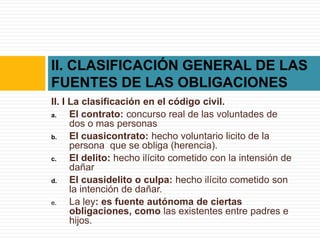 II. CLASIFICACIÓN GENERAL DE LAS
FUENTES DE LAS OBLIGACIONES
II. I La clasificación en el código civil.
a.    El contrato: concurso real de las voluntades de
      dos o mas personas
b.    El cuasicontrato: hecho voluntario licito de la
      persona que se obliga (herencia).
c.    El delito: hecho ilícito cometido con la intensión de
      dañar
d.    El cuasidelito o culpa: hecho ilícito cometido son
      la intención de dañar.
e.    La ley: es fuente autónoma de ciertas
      obligaciones, como las existentes entre padres e
      hijos.
 