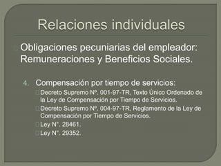 Obligaciones pecuniarias del empleador:
Remuneraciones y Beneficios Sociales.
4. Compensación por tiempo de servicios:
Decreto Supremo Nº. 001-97-TR, Texto Único Ordenado de
la Ley de Compensación por Tiempo de Servicios.
Decreto Supremo Nº. 004-97-TR, Reglamento de la Ley de
Compensación por Tiempo de Servicios.
Ley N°. 28461.
Ley N°. 29352.
 