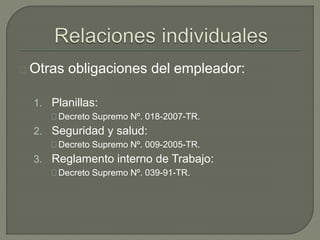Otras obligaciones del empleador:
1. Planillas:
Decreto Supremo Nº. 018-2007-TR.
2. Seguridad y salud:
Decreto Supremo Nº. 009-2005-TR.
3. Reglamento interno de Trabajo:
Decreto Supremo Nº. 039-91-TR.
 