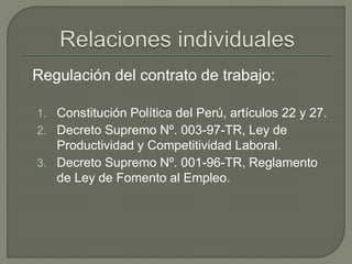 Regulación del contrato de trabajo:
1. Constitución Política del Perú, artículos 22 y 27.
2. Decreto Supremo Nº. 003-97-TR, Ley de
Productividad y Competitividad Laboral.
3. Decreto Supremo Nº. 001-96-TR, Reglamento
de Ley de Fomento al Empleo.
 