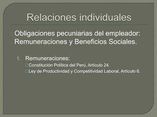 Obligaciones pecuniarias del empleador:
Remuneraciones y Beneficios Sociales.
1. Remuneraciones:
Constitución Política del Perú, Artículo 24.
Ley de Productividad y Competitividad Laboral, Artículo 6.
 