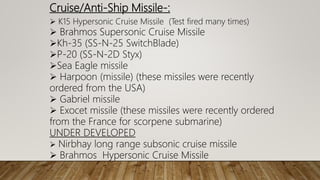 Cruise/Anti-Ship Missile-:
 K15 Hypersonic Cruise Missile (Test fired many times)
 Brahmos Supersonic Cruise Missile
Kh-35 (SS-N-25 SwitchBlade)
P-20 (SS-N-2D Styx)
Sea Eagle missile
 Harpoon (missile) (these missiles were recently
ordered from the USA)
 Gabriel missile
 Exocet missile (these missiles were recently ordered
from the France for scorpene submarine)
UNDER DEVELOPED
 Nirbhay long range subsonic cruise missile
 Brahmos Hypersonic Cruise Missile
 