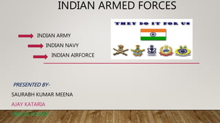INDIAN ARMED FORCES
INDIAN ARMY
INDIAN NAVY
INDIAN AIRFORCE
PRESENTED BY-
SAURABH KUMAR MEENA
AJAY KATARIA
VIKASH KUMAR
 