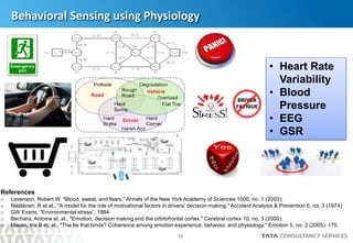12
Behavioral Sensing using Physiology
References
o Levenson, Robert W. "Blood, sweat, and fears." Annals of the New York Academy of Sciences 1000, no. 1 (2003):
o Näätänen, R et.al., "A model for the role of motivational factors in drivers' decision-making." Accident Analysis & Prevention 6, no. 3 (1974)
o GW Evans, “Environmental stress”, 1984
o Bechara, Antoine et. al., "Emotion, decision making and the orbitofrontal cortex." Cerebral cortex 10, no. 3 (2000):
o Mauss, Iris B et, al., "The tie that binds? Coherence among emotion experience, behavior, and physiology." Emotion 5, no. 2 (2005): 175.
• Heart Rate
Variability
• Blood
Pressure
• EEG
• GSR
 