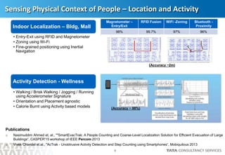 9
Sensing Physical Context of People – Location and Activity
Indoor Localization – Bldg, Mall
• Entry-Exit using RFID and Magnetometer
• Zoning using Wi-Fi
• Fine-grained positioning using Inertial
Navigation
Activity Detection - Wellness
• Walking / Brisk Walking / Jogging / Running
using Accelerometer Signature
• Orientation and Placement agnostic
• Calorie Burnt using Activity based models
Magnetometer –
Entry/Exit
RFID Fusion WiFi -Zoning Bluetooth -
Proximity
98% 99.7% 97% 96%
(Accuracy ~2m)
(Accuracy ~ 98%)
Publications
o Nasimuddim Ahmed et. al., ""SmartEvacTrak: A People Counting and Coarse-Level Localization Solution for Efficient Evacuation of Large
Buildings“, CASPER'15 workshop of IEEE Percom 2013
o Vivek Chandel et.al., "AcTrak - Unobtrusive Activity Detection and Step Counting using Smartphones“, Mobiquitous 2013
 