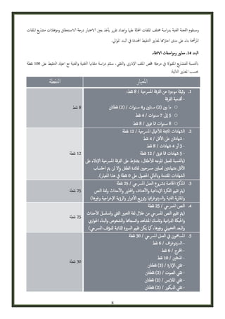 ‫وس تقوم اللجنة الفنية بدراسة خمتلف امللفات احملاةل علهيا وإاعداد تقرير يأخذ بعني الاعتبار درجة الاس تحقاق ومؤهالت مشاريع امللفات‬
‫املرحشة بناء عىل مدى احرتاهما ملعايري التنقيط احملددة يف البند املوايل.‬
‫البند 20. معايري ومواصفات الانتقاء‬
‫ابلنس بة للمشاريع املقبوةل يف مرحةل حفص امللف الإداري والتقين، ستمت دراسة ملفاهتا التقنية والفنية مع اعامتد التنقيط عىل 110 نقطة‬
‫حبسب املعايري التالية:‬

‫املعيار‬
‫0.‬

‫3.‬

‫2.‬
‫2.‬

‫5.‬

‫النقطة‬

‫وثيقة موجزة عن الفرقة املرسحية / 8 نقط:‬
‫ أقدمية الفرقة‬‫‪ o‬ما بني (3) س نتني و2 س نوات / (3) نقطتان‬
‫‪ 5 o‬اإىل 0 س نوات / 2 نقط‬
‫‪ 8 o‬س نوات مفا فوق / 8 نقط‬
‫الشهادات املثبتة للعامل املرسحية / 30 نقطة‬
‫ شهاداتن عىل القل / 2 نقط‬‫ 2 أو 2 شهادات / 8 نقط‬‫ 5 شهادات مفا فوق / 30 نقطة‬‫(ابلنس بة للعمل املوجه للطفال، يشرتط عىل الفرقة املرسحية الإدلء عىل‬
‫القل ششهادتني لعملني مرسحيني لفائدة الطفل وإال لن يمت احتساب‬
‫الشهادات املقدمة وابلتايل احلصول عىل 1 نقطة يف هذا املعيار).‬
‫املذكرة اخلاصة مبرشوع العمل املرسيح / 53 نقطة‬
‫(يمت تقيمي الفكرة الإبداعية والهداف واحملاور والحداث ولغة النص‬
‫واملقاربة الفنية والسينوغرافيا وتوزيع الدوار والرؤية الإخراجية وغريها)‬
‫النص املرسيح / 53 نقطة‬
‫(يمت تقيمي النص املرسيح من خالل لغة التعبري الفين وتسلسل الحداث‬
‫واحلبكة ادلرامية ومتاسك املشاهد وانسجاهما والشخوص والبناء احلواري‬
‫والبعد التخيييل وغريها، كام ميكن تقيمي السرية اذلاتية للمؤلف املرسيح)‬
‫املسامهون يف العمل املرسيح / 12 نقطة‬
‫ السينوغراف / 6 نقط‬‫ اخملرج / 6 نقط‬‫ املمثلني / 10 نقط‬‫ تقين الإانرة / (3) نقطتان‬‫ تقين الصوت / (3) نقطتان‬‫ تقين املالشس / (3) نقطتان‬‫ تقين ادليكور / (3) نقطتان‬‫8‬

‫8 نقط‬

‫30 نقطة‬

‫53 نقطة‬

‫53 نقطة‬

‫12 نقطة‬

 